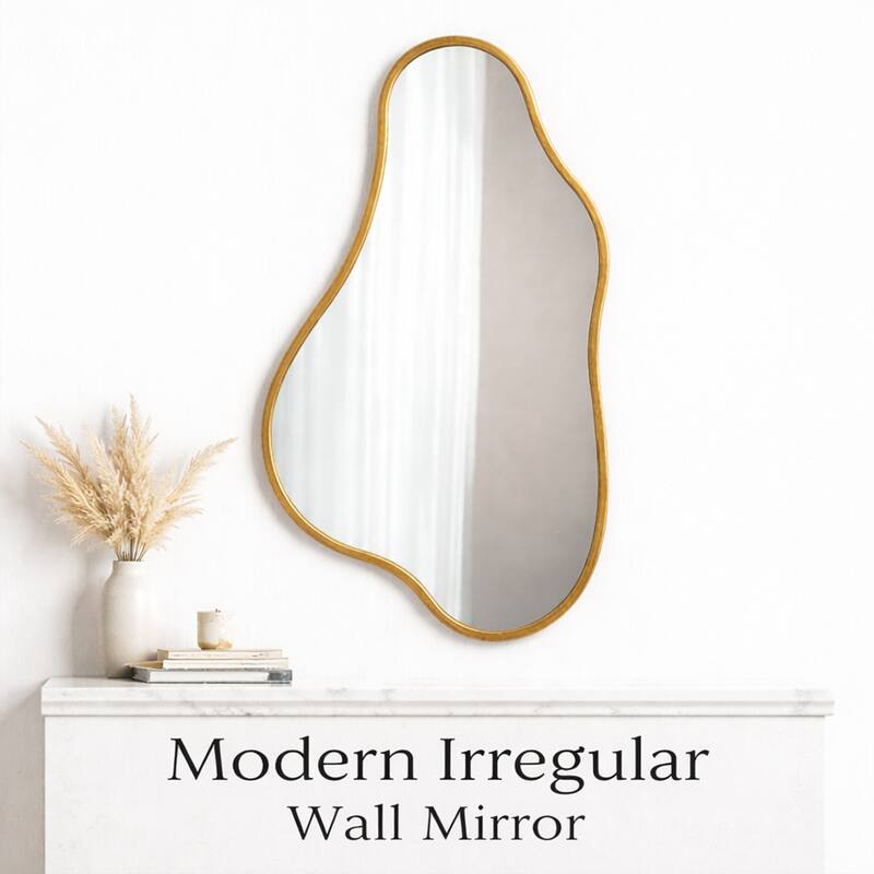 A modern-style, irregularly shaped wall-mounted mirror with a gold frame, suitable for a dressing table or bathroom - Antique Gold