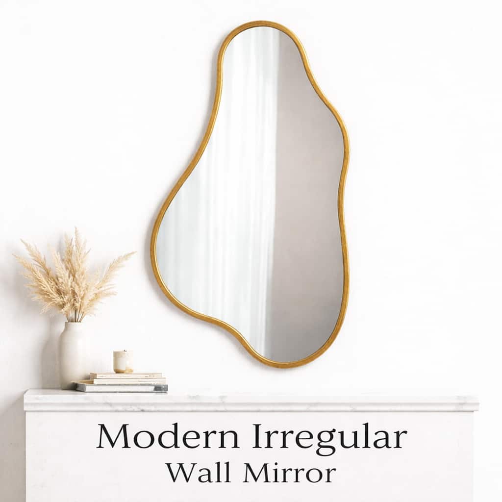 A modern-style, irregularly shaped wall-mounted mirror with a gold frame, suitable for a dressing table or bathroom