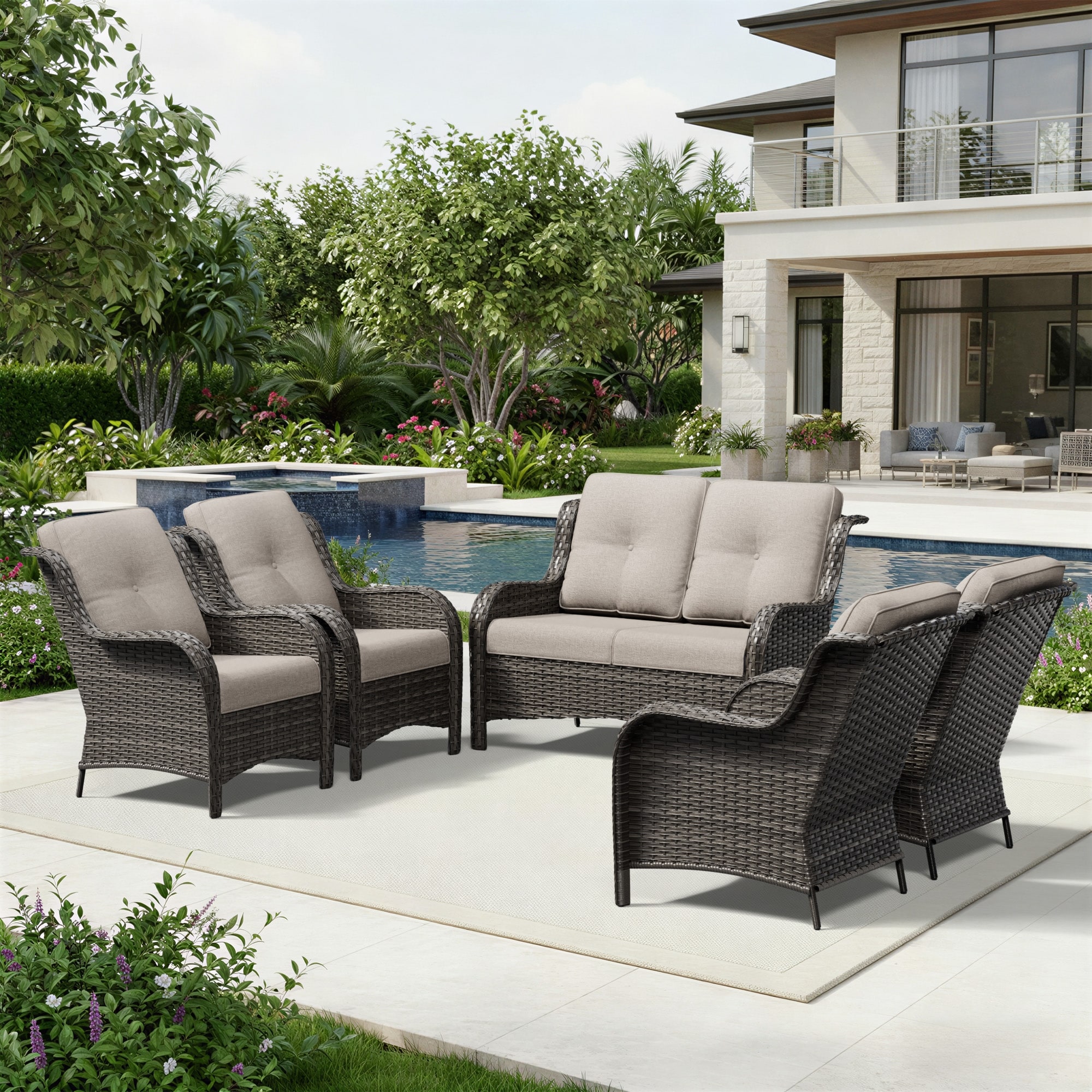 COZYWOR Outdoor Wicker 2-Seat Sofa & 4 Chairs Set with All-Weather Cushions,Green