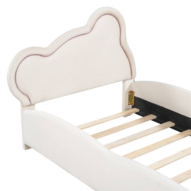Twin Size Velvet Platform Bed with Bear-Shaped Headboard and Pocket