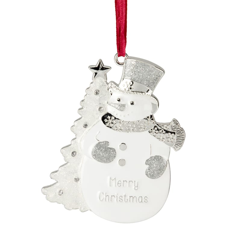 3.5" White Silver-Plated Snowman Merry Ornament European Crystals