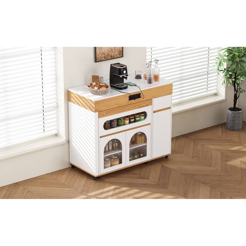 Rolling Kitchen Island with Extendable Table, Drawers, Power Outlet and Brake lock, Storage Cabinet - Cream White