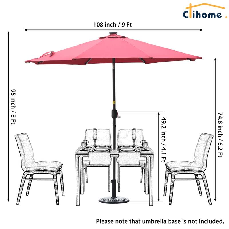 Clihome 9-Ft Outdoor 32 LED Solar Market Umbrella with Tilt & Crank