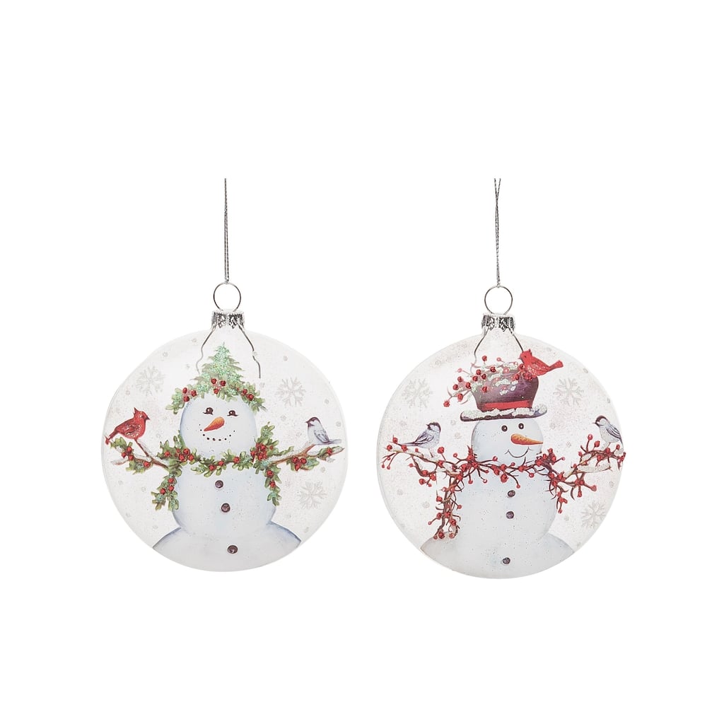 Transpac Glass 4.5 in. Multicolored Christmas Snowman with Bird Ornament Set of 2