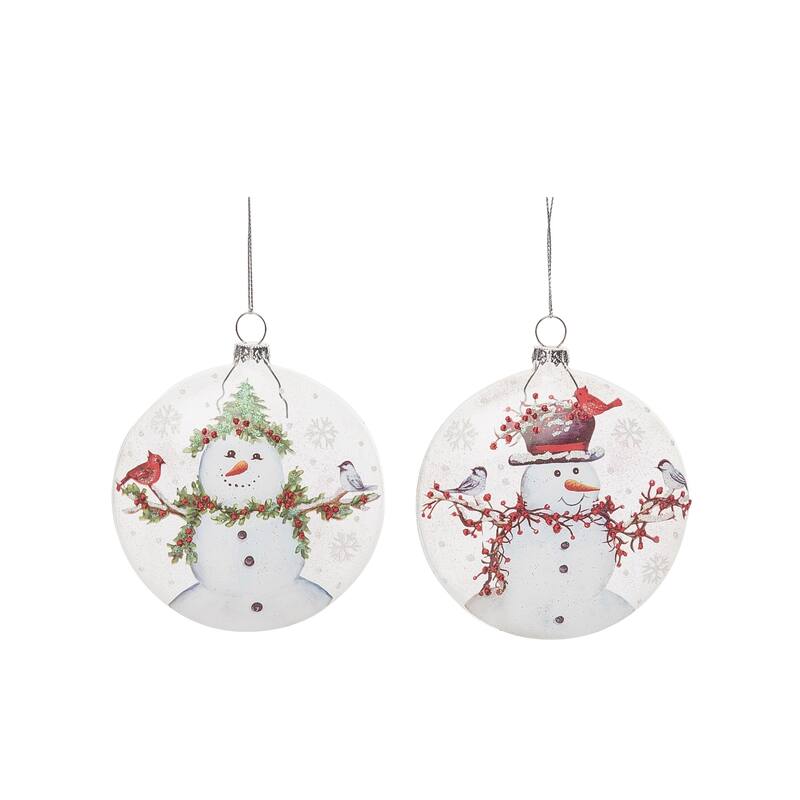 Transpac Glass 4.5 in. Multicolored Christmas Snowman with Bird Ornament Set of 2