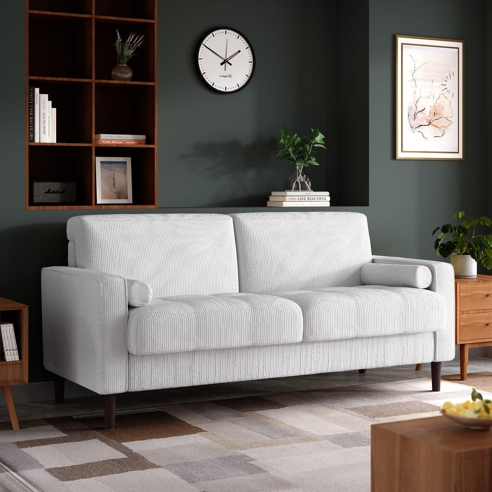 Modern Corduroy Upholstered 2 Seater Sofa with Bolster Pillows