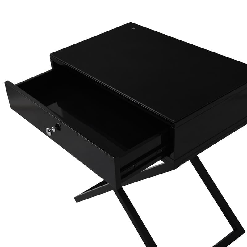 Wooden End Side Table Nightstand with Glass Top, Drawer and Metal Cross Base