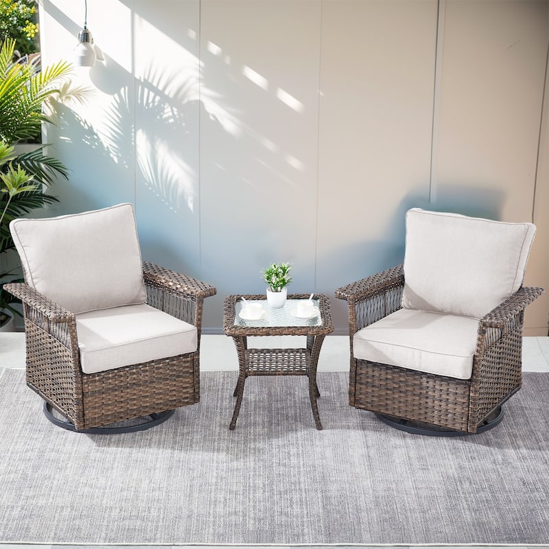 3 Piece Wicker Swivel Chair Patio Bistro Set - Brown - Beige - Brown