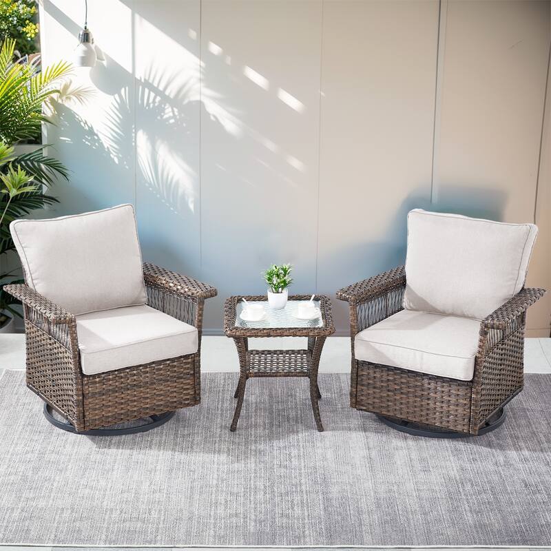 Pocassy Outdoor Swivel Chairs with Sofa Chair Ottoman and Table Set - Brown Wicker Beige Cushion - 3-Piece Swivel Chair with Side Table