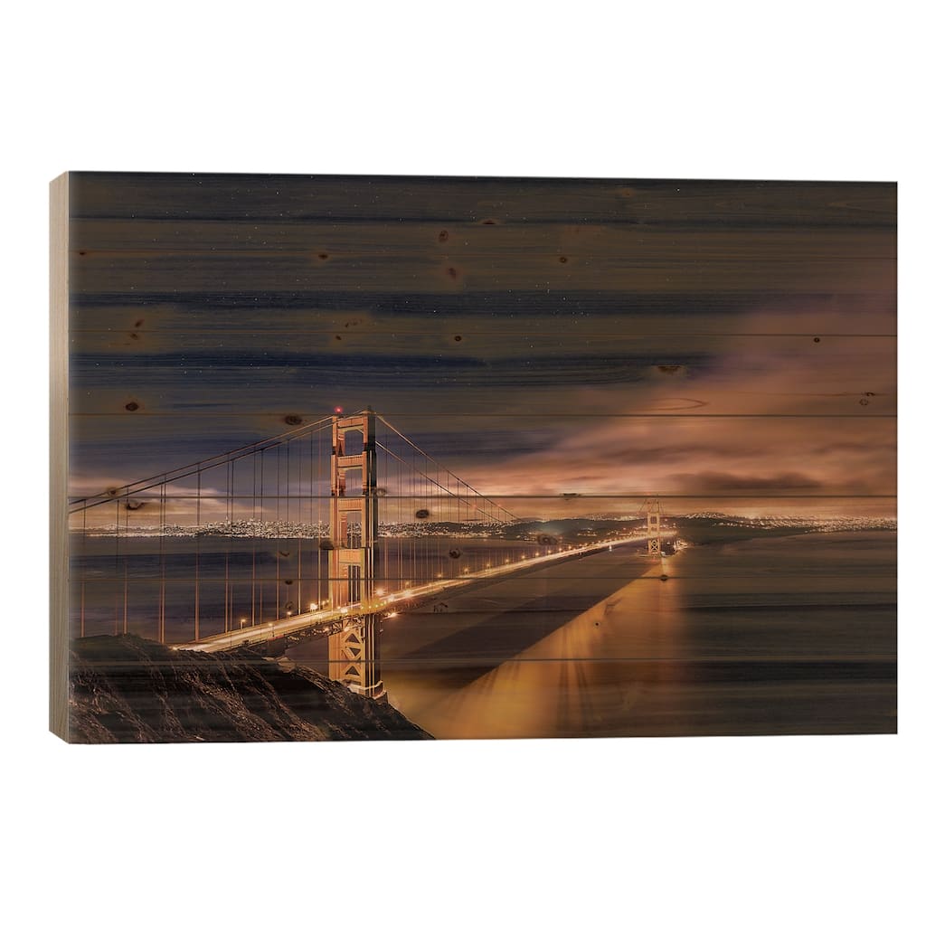 Golden Gate To The Stars Print On Wood by Javier de la Torre - Multi-Color