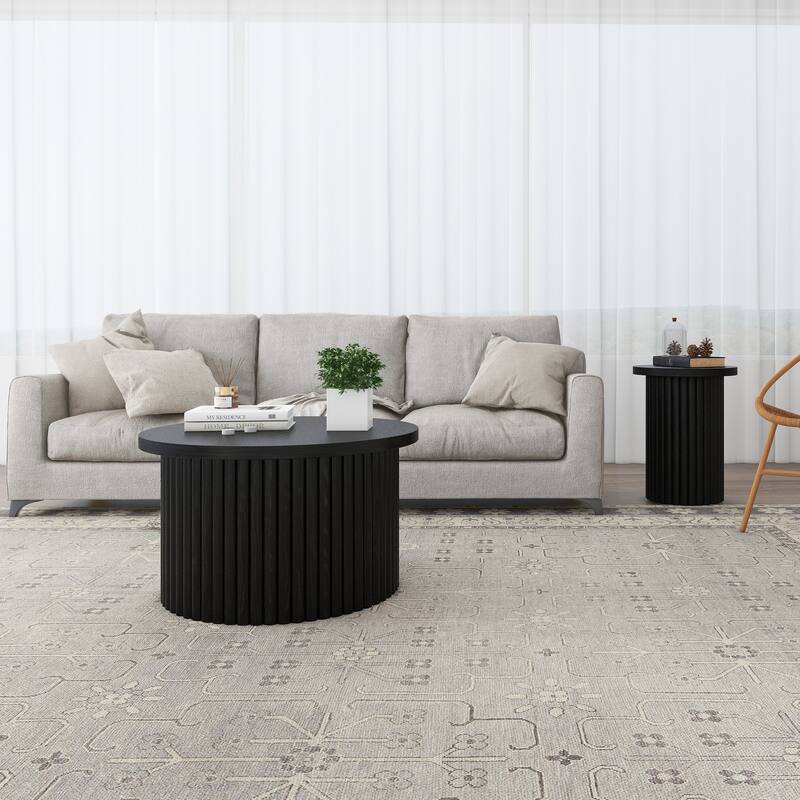 Round Coffee Table Modern Side Table with Wood Grain Vertical Stripe Coffee Table Legs Foot Pad, for Living Room