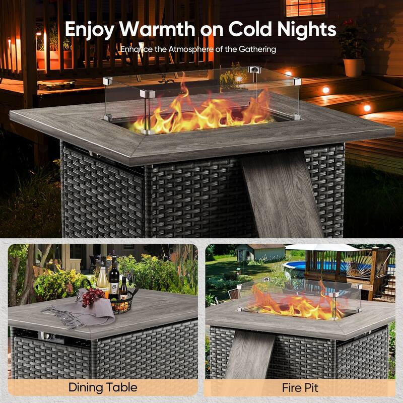 Outdoor Propane Fire Pit Table - 55000 BTU, Adjustable Flames with Wind Guard - Rectangle