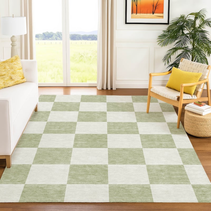 Machine Washable Indoor/ Outdoor Modern Checker Chantille Rug