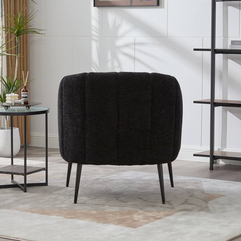 Chenille Upholstered Barrel Accent Chair, Channel Tufted Lounge Armchair, Round Reading Chair with Curved Backrest & Metal Legs