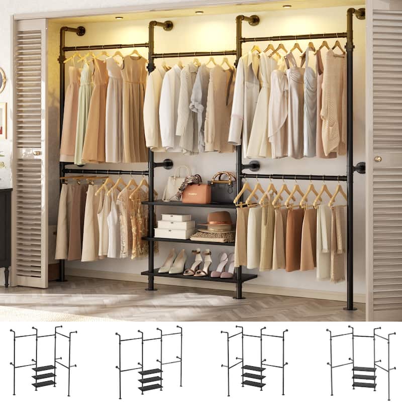 Industrial Pipe Garment Rack with Expandable Hanging Rods and Shelves,Reversible Walk-in Closet Organizer System Clothing Rack