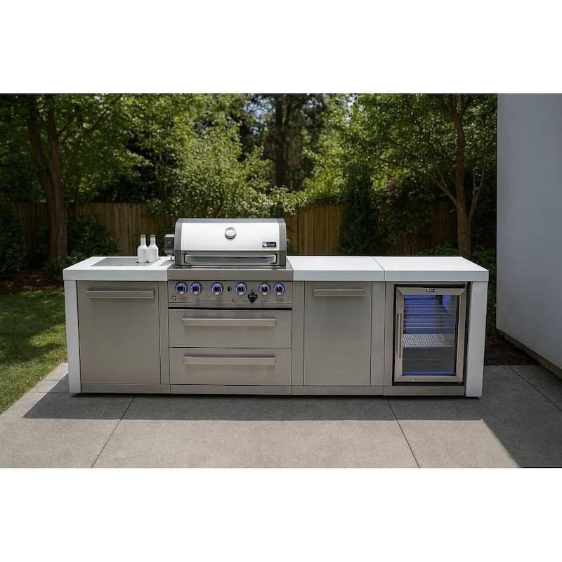 Mont Alpi MAi400-DFC-EXC Deluxe Stainless Steel Outdoor Kitchen Island BBQ Grill + Beverage Center + 25" Extra Storage Cabinet.