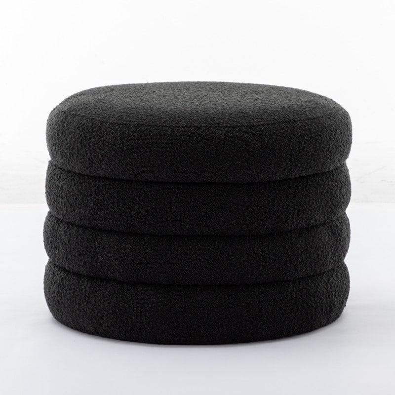 Boucle Fabric Storage Round Ottoman Footstool With Wooden Shelving