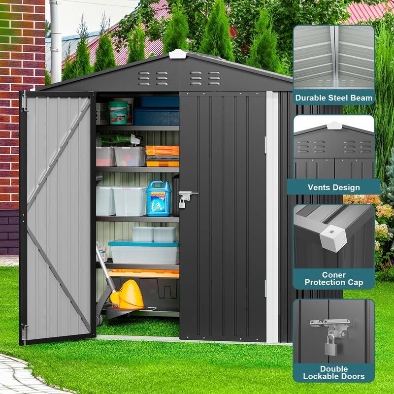 6' x 4' Outdoor Rust- Resistant Metal Garden Ventilated Storage Shed, Backyard Metal Tool Storage with Lockable Double Doors