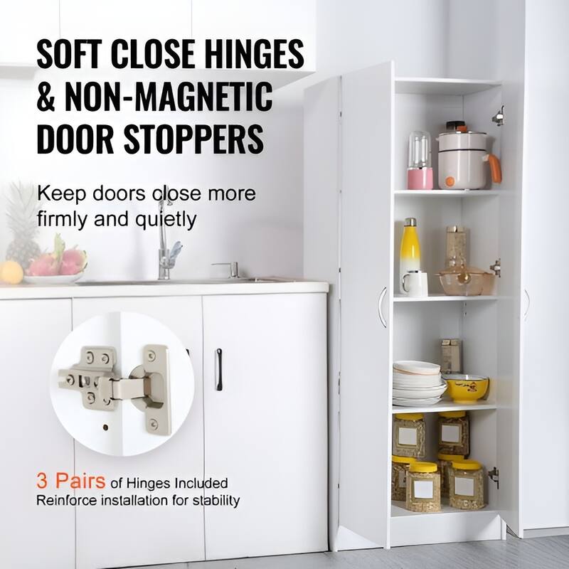 White MDF Kitchen Pantry Cabinet with 2 Doors and Adjustable Shelves - 24” L x 12” W x 60” H