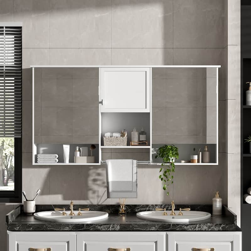 55" Wall-Mount 3-in-1 Mirror Cabinet with Adjustable Shelf, Soft-Closing Hinges, High-Quality MDF, for Bathroom Vanity