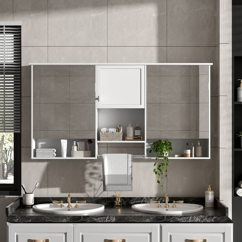 55 Inch 3-in-1 Wall-Mount Mirror Cabinet - Adjustable Shelf & Soft-Closing Hinges, MDF for Bathroom & Living Room