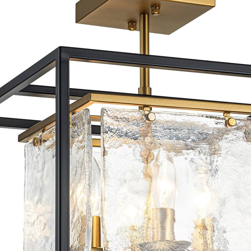 4-Light Modern Ice Glass Black and Brass Tiered Semi-flush Mount - 14.0in