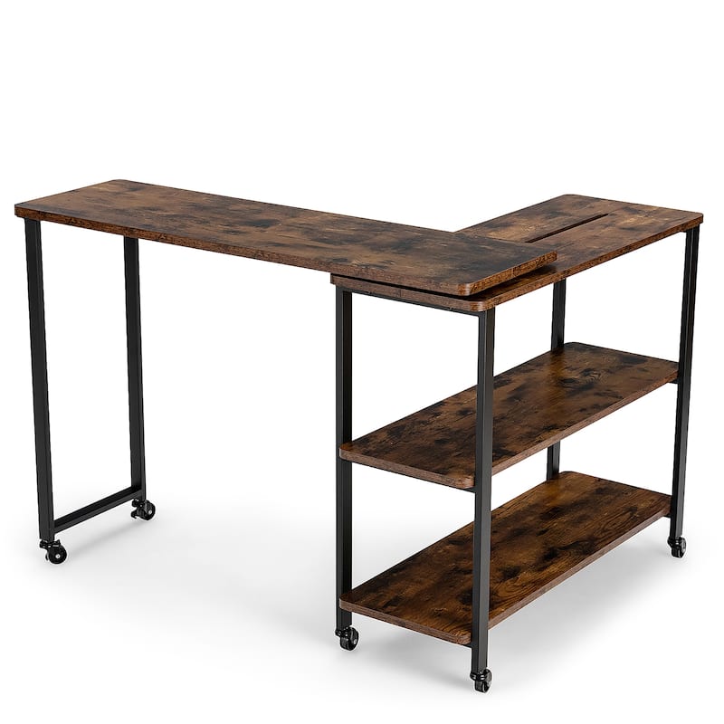 Large Free Rotating Sofa Side Table Mobile Desk with 2 Tier Shelves - Rustic Brown