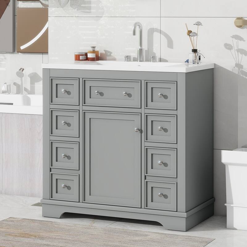 36" Bathroom Vanity Combo with Undermount Sink, 6 Drawers, 1 Cabinet, and Adjustable Shelf