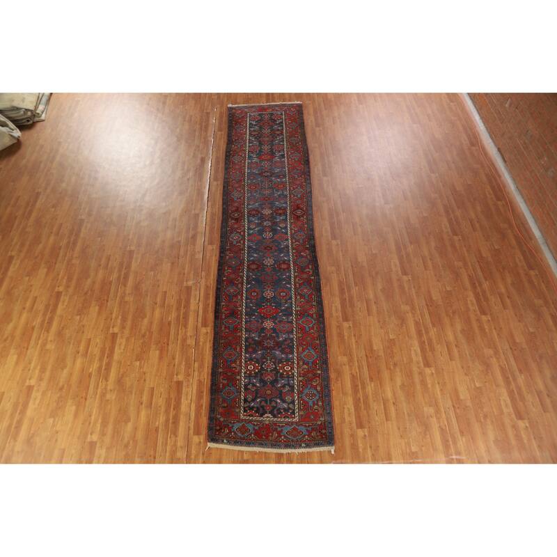 Hand Knotted Oriental 100% Wool Carpet Traditional Geometric Navy Blue & Blues Heriz Runner Rug - 15' 7'' X 3' 5''