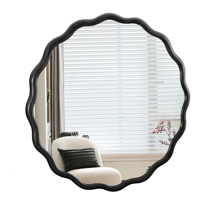 Mia Solid Wood Wavy Round Wall Mirror with HD Reflection and Artistic Frame Design by GDFStudio
