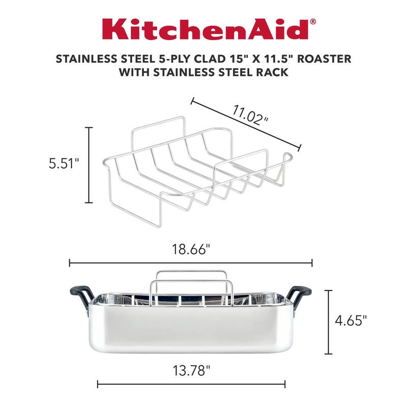 KitchenAid 5-Ply Clad Stainless Steel Roaster with Removable Rack, 15-Inch x 11.5-Inch, Polished Stainless Steel