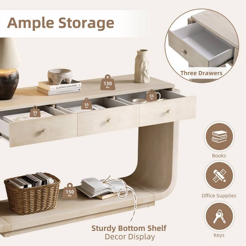 Mid-Century Modern Console Table with 3 Storage Drawers and Display Shelf for Entryway or Living Room Use