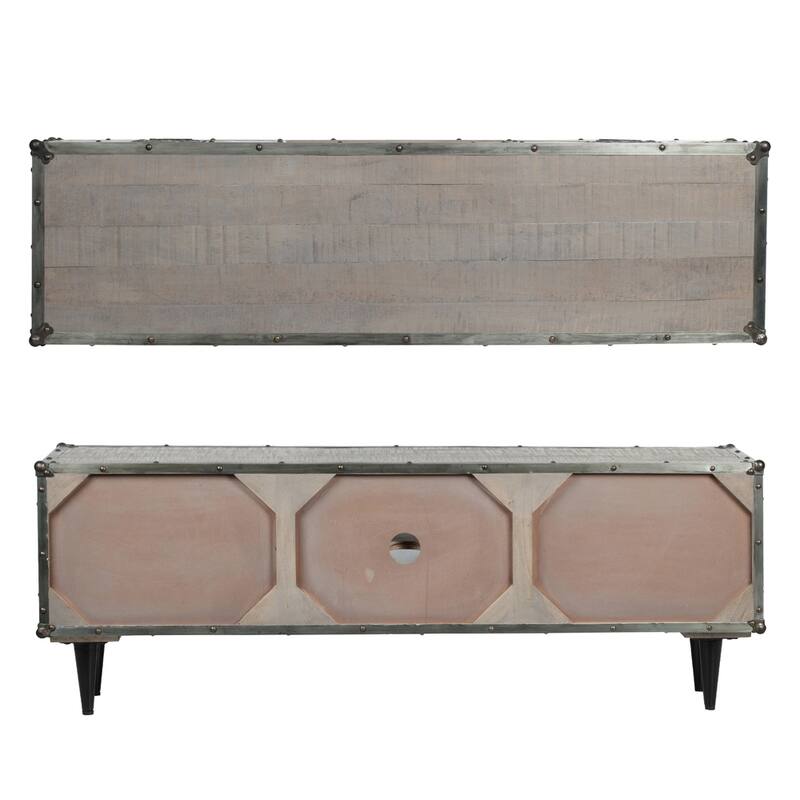ExBrite Solid Wood Media Console 2 Doors Back Black Metal Legs for TV Table Bench Stand,Gray Wash Finish - 59" x 16" x 21"