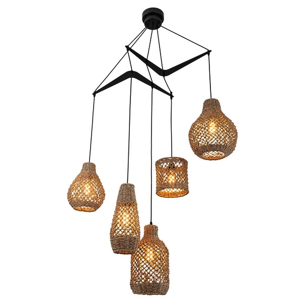 Lucien 5-Light Seagrass Pendant Light Modern Linear Chandelier