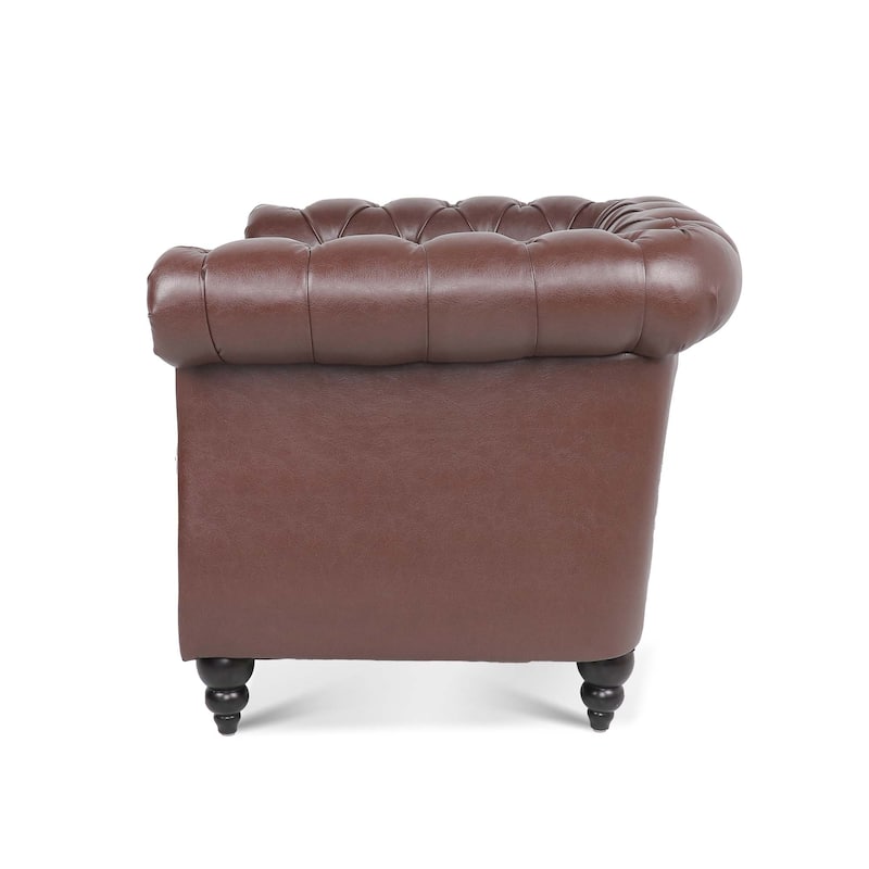 Traditional Rolled Arm Chesterfield 1 Seater Sofa,Living Room PU Leather Seat Cushions & Nailheads Finish Sofa with Wood Legs