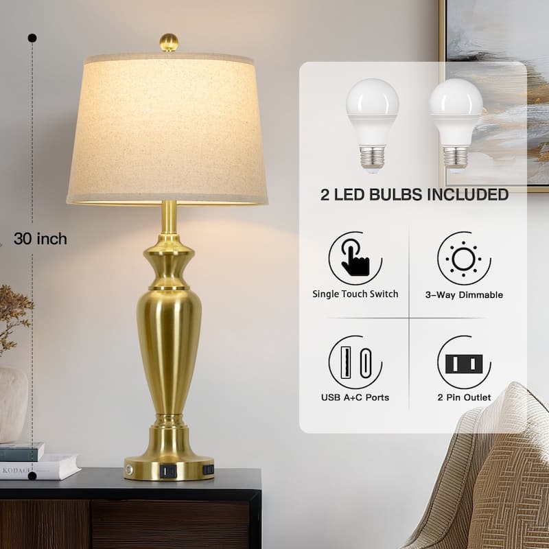 Set of 2 Modern 28-Inch Table Lamps with Built-in Night Light, USB Ports & AC Outlet - 13'' x 13'' x 30''