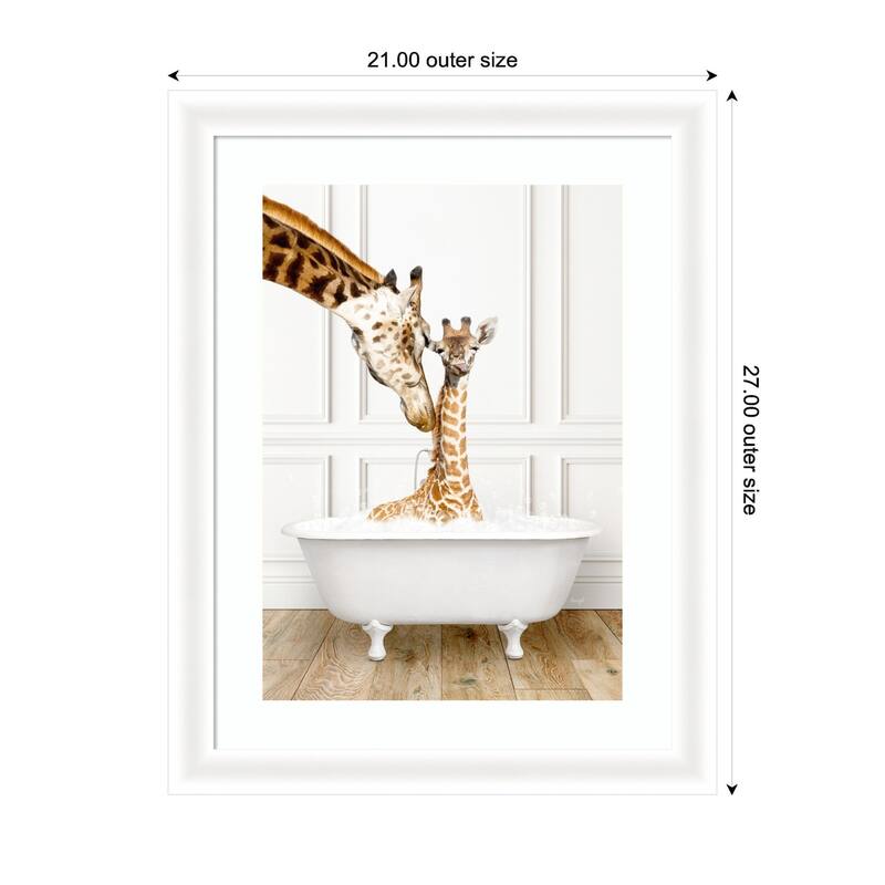 Kate and Laurel Mother and Baby Giraffe in Traditional Vintage Bathtub by Amy Peterson Framed Wall Art Print