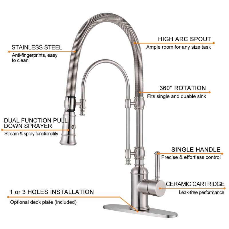 WOWOW Single Handle Gooseneck Pull Down Sprayer Kitchen Faucet