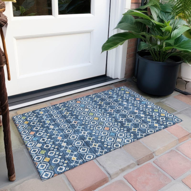 Machine Washable Indoor/ Outdoor Global Contempory Chantille Rug - Navy - 1'8" x 2'6"