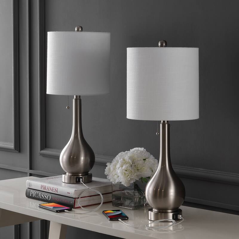 Grant 24" Modern Classic Gourd Iron LED Table Lamp with Pull-Chain with Dual USB Charging Port, by JONATHAN Y (Set of 2)