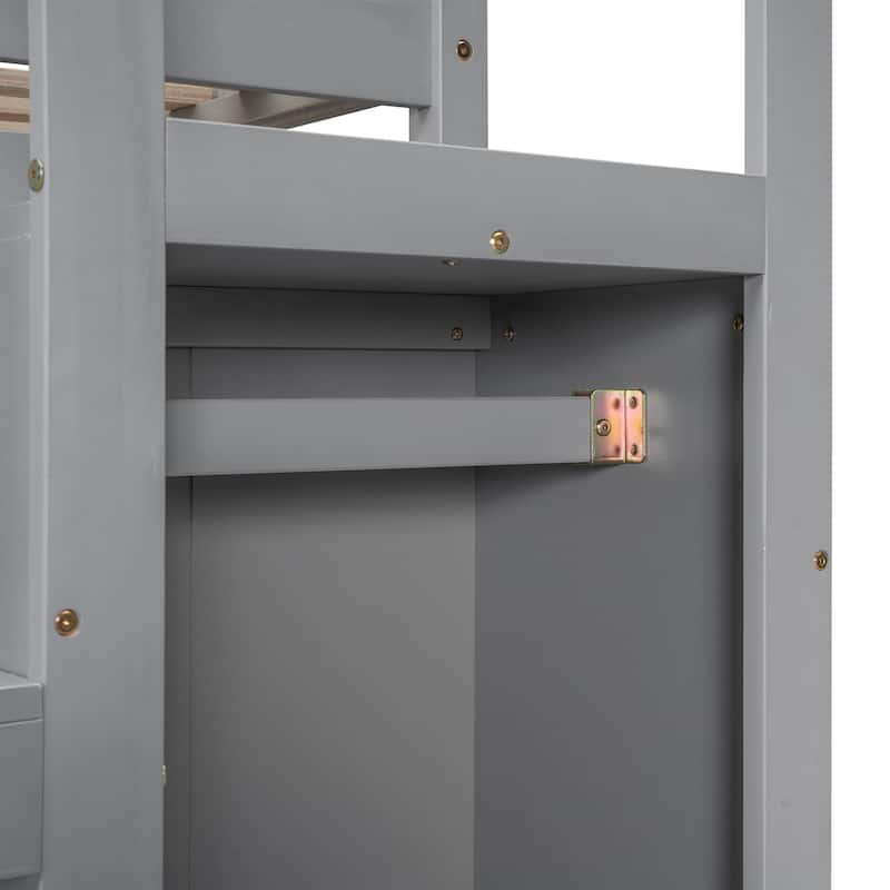 Full Size Loft Bed with Built-in Storage Wardrobe and Staircase, Solid Wood Space-Saving Loft Frame