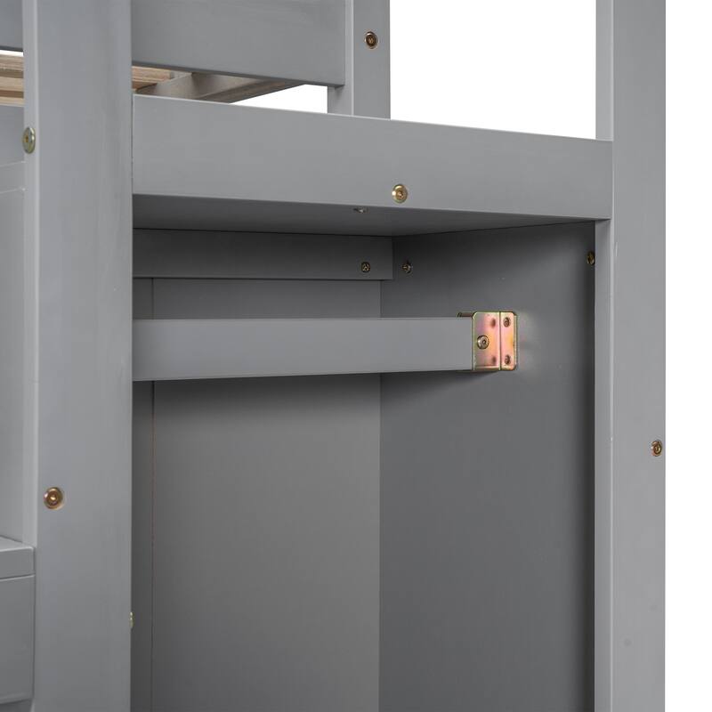 Full Size Loft Bed with Built-in Storage Wardrobe and Staircase in Gray