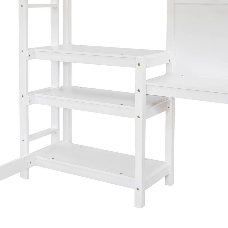Full Size Wooden Loft Bed with Shelves, Desk and Writing Board