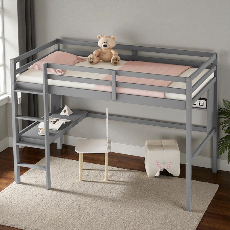 Twin Size Loft Bed with Desk and Shelves, Solid Pine Wood Frame with Guardrails and Built-in Ladder