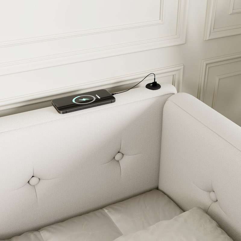 Queen Upholstered Platform Bed with USB Charging Ports, Sturdy Wood Frame, No Box Spring Needed, Easy Assembly