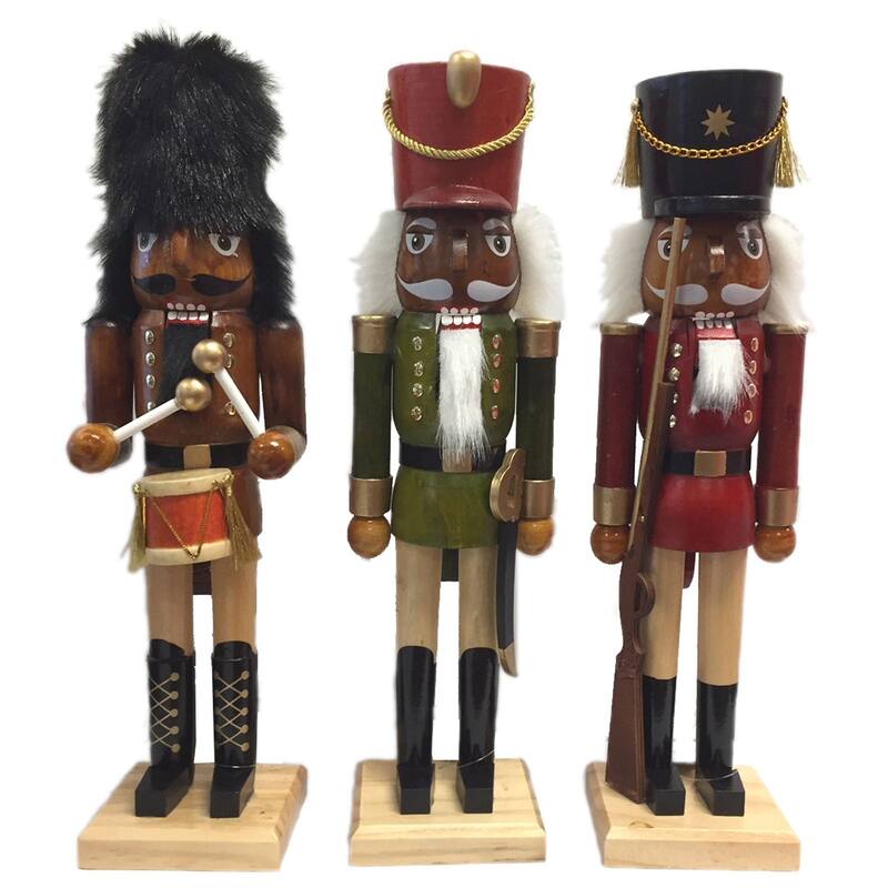 Set of 3 Brown Red Natural Wood Finish Traditional Nutcrackers 14.25"