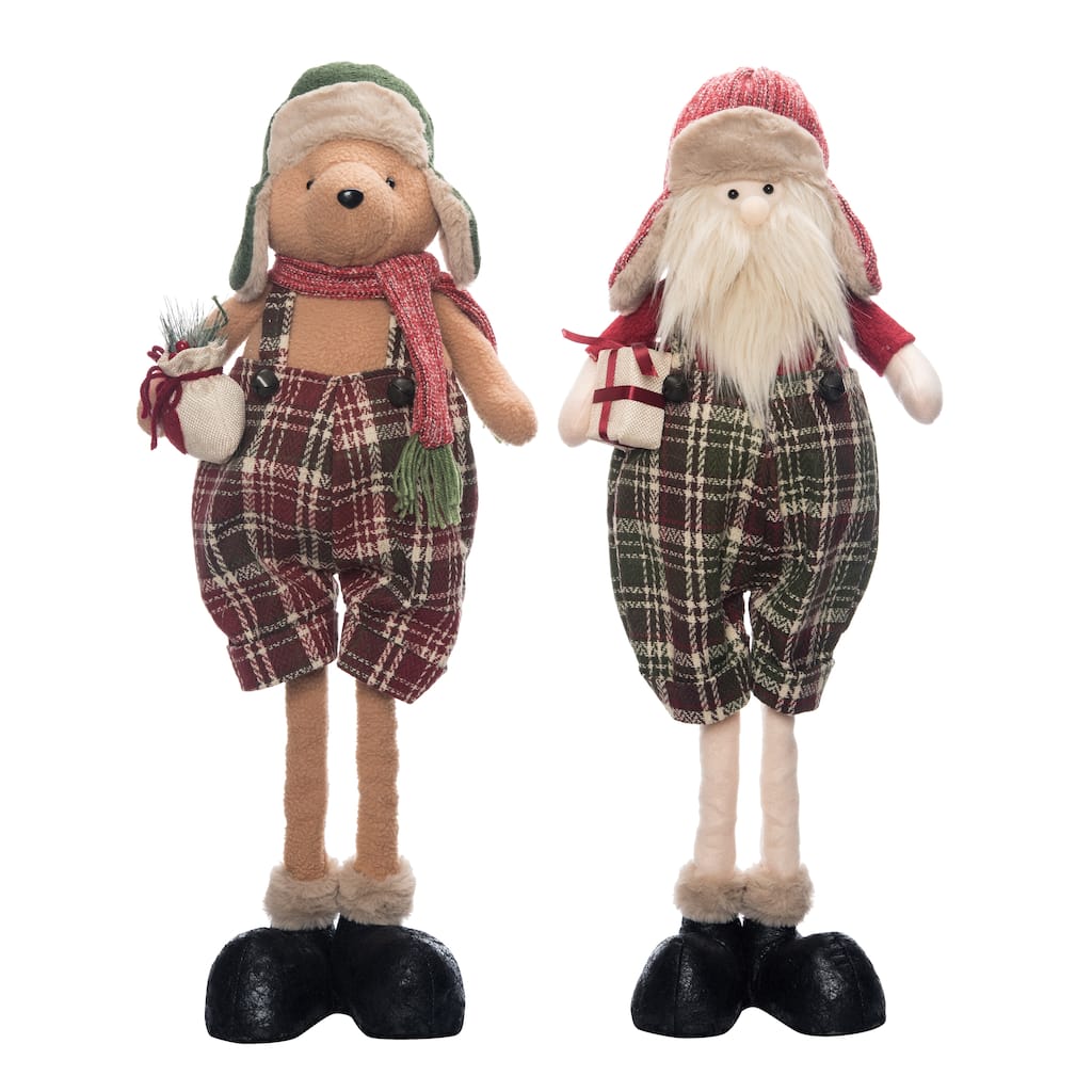 Transpac Plush Plaid Santa/Bear w/Telescoping Leg Set of 2 Christmas Home Decorations