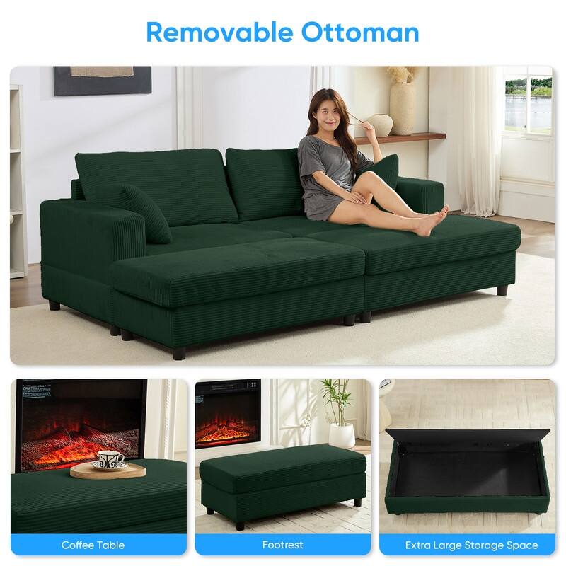 Mixoy Corduroy Chaise Lounge Deep Seat Sleeper Sofa Chair with Storage Ottoman,Upholstered 1-Seater/Loveseat Sofa Couch