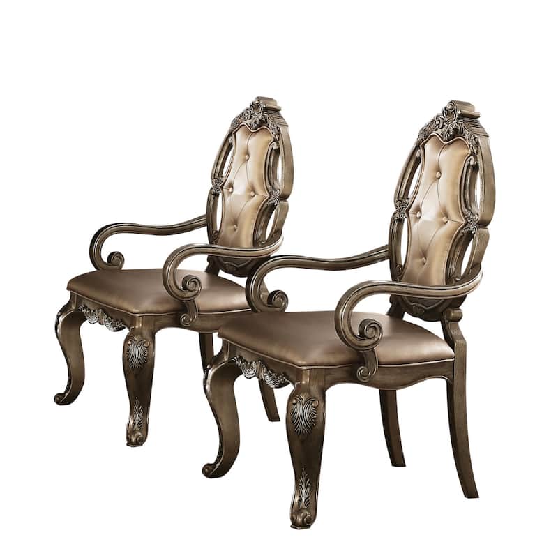 HomeRoots Set of Two Tufted Oak Upholstered Faux Leather And Solid Wood Dining Arm Chairs - 23.00 in. x 43.00 in. x 26.00 in.