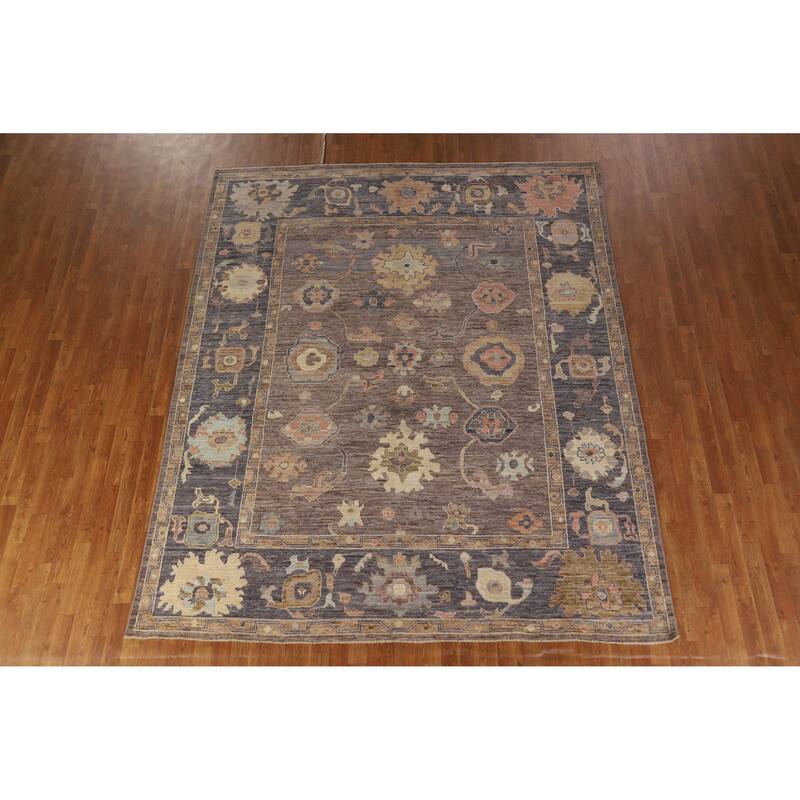 Hand Knotted Oriental 100% Wool Carpet Transitional All-Over Brown Oushak Area Rug - 9' 10'' X 8' 1''